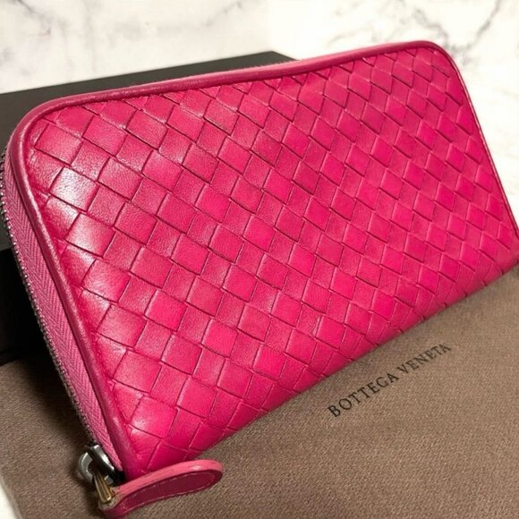 Authentic Bottega Veneta Intrecciato Nappa Zip Around Wallet Pink - Picture 1 of 9
